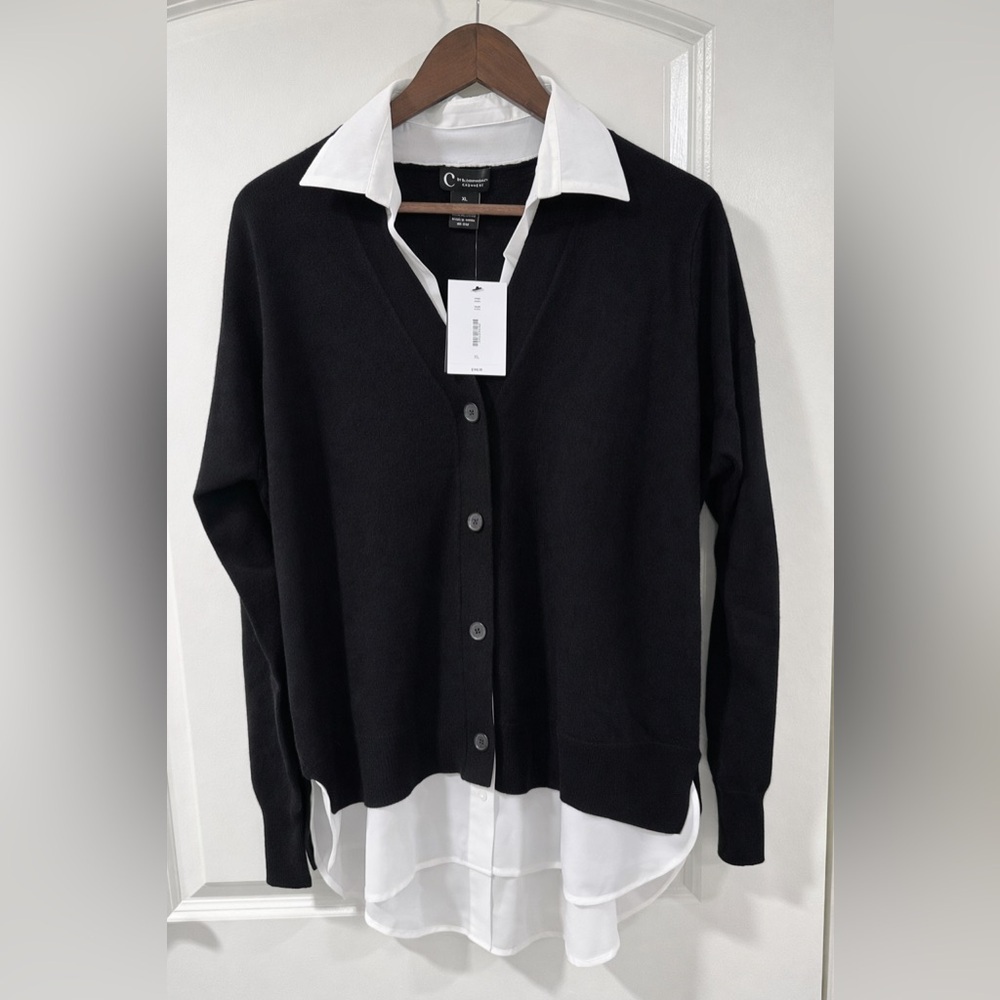 C by Bloomingdale’s Cashmere Layered Shirt Cardigan XL Black White NWT - Picture 9 of 11